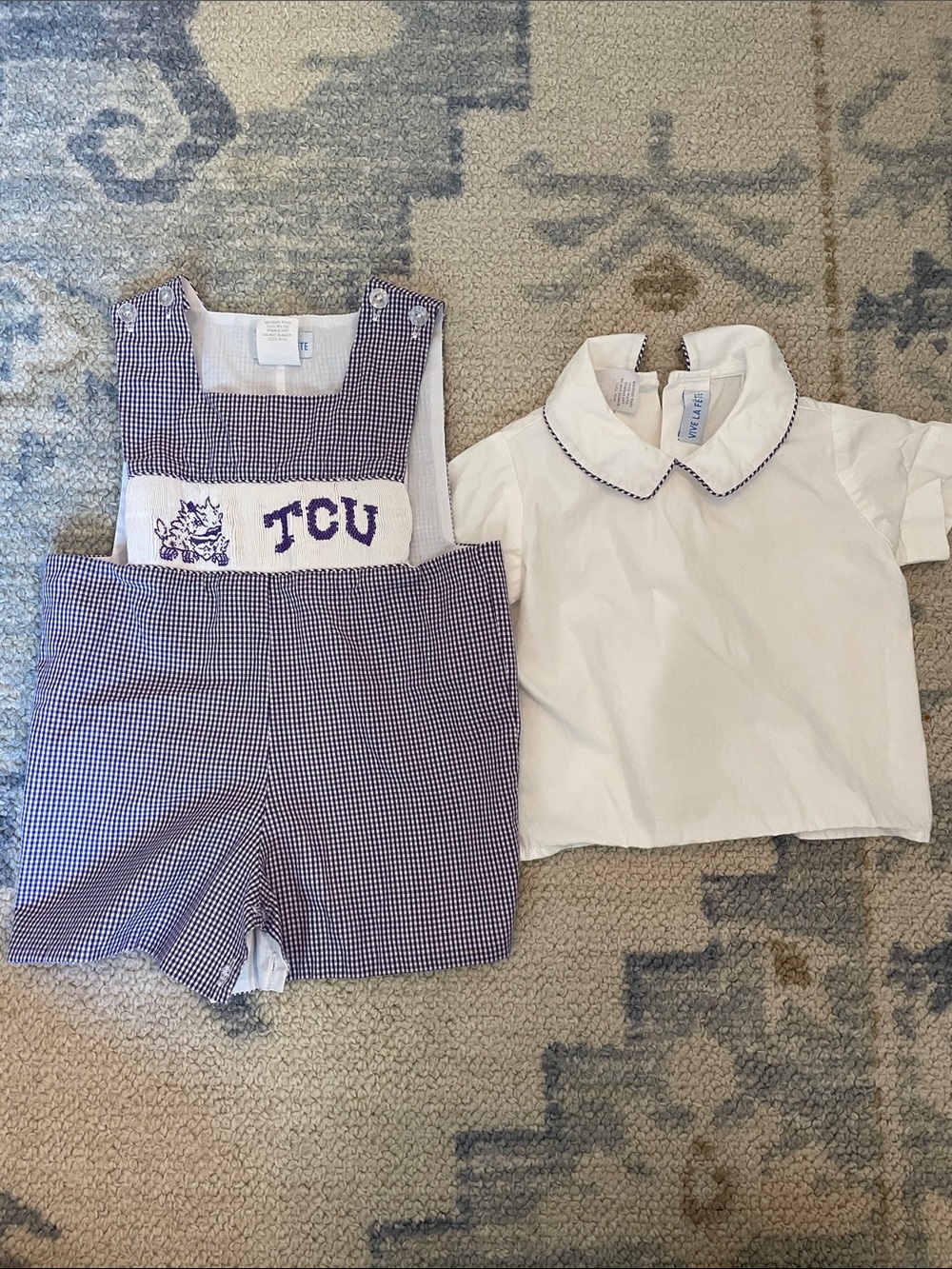 TCU Purple Gingham Two-Piece Set with White Peter Pan Top Vive La Fete 6 months